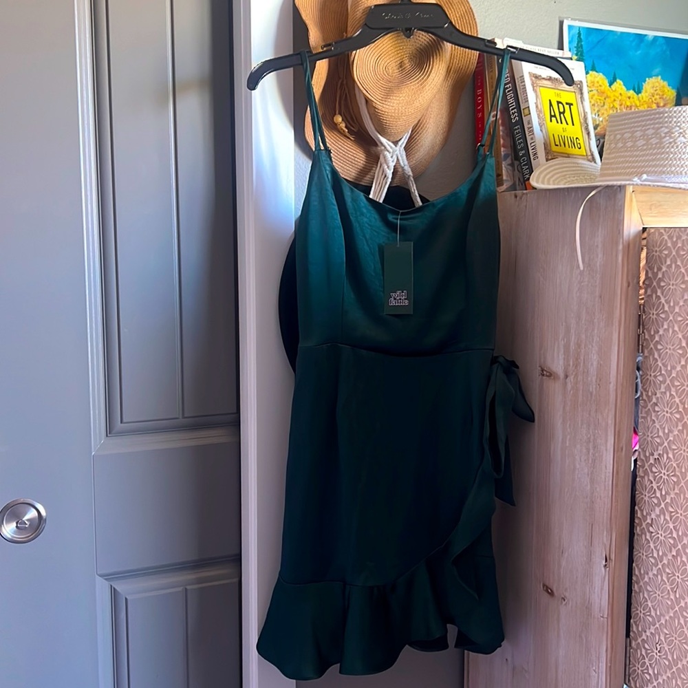 Brand new with tags, deep forest green silky dress
